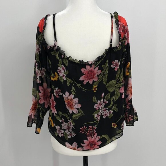 Guess Savina Floral Black coral chiffon off shoulder blouse SP - Picture 4 of 16